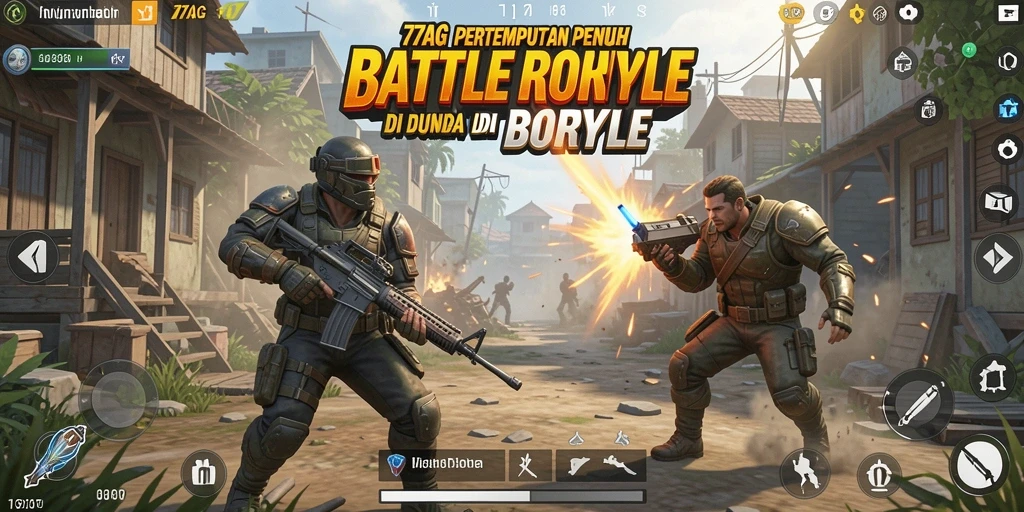 Screenshot utama 77AG menampilkan aksi pertempuran seru di arena Battle Royale.