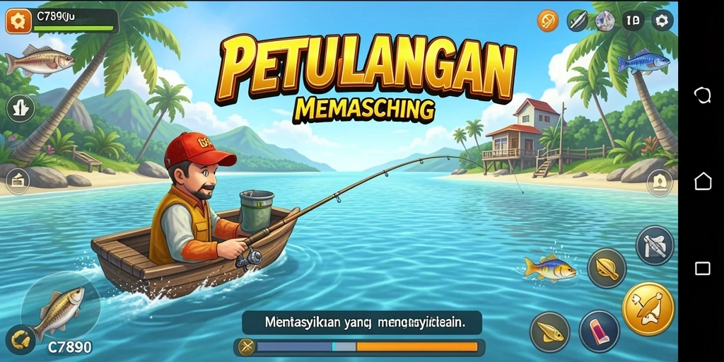 Screenshot gameplay C7890 menunjukkan aksi memancing yang mendebarkan.