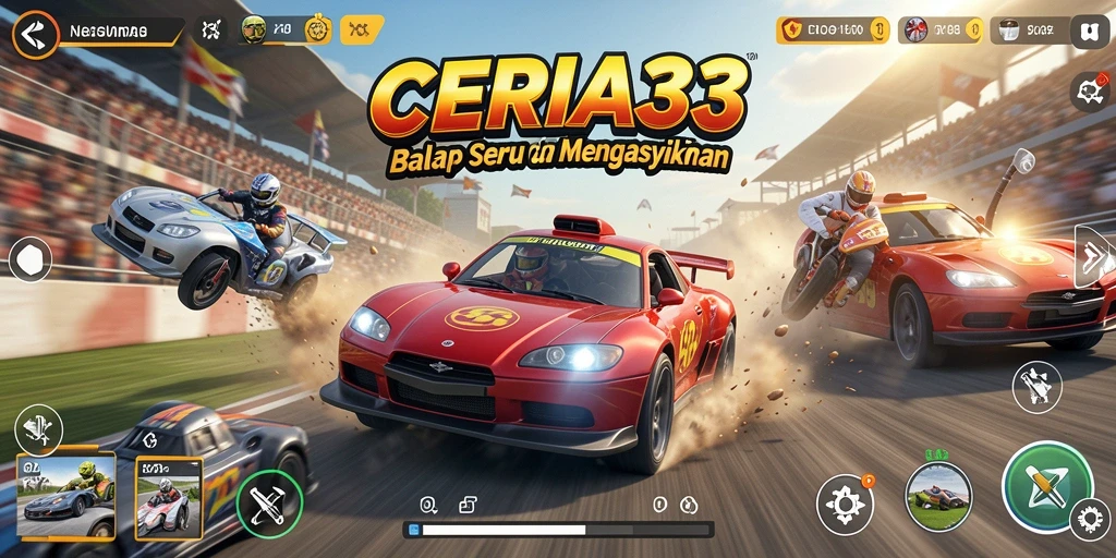 Tampilan gameplay CERIA33 menampilkan aksi balap seru di trek yang menantang.