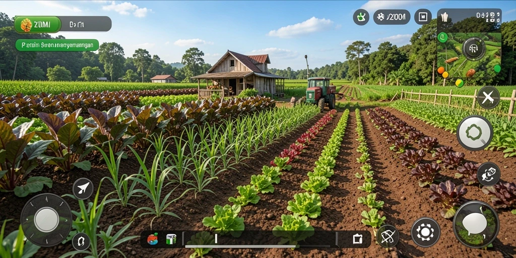 Tangkapan layar gameplay D200M menampilkan aktivitas bertani yang seru.