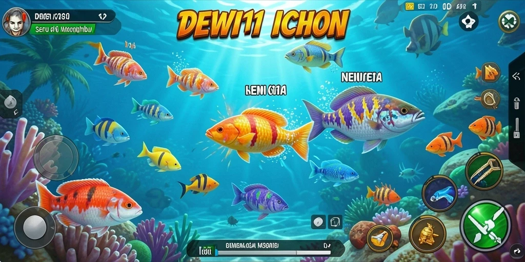Gameplay seru DEWI11 dengan berbagai ikan untuk ditembak.