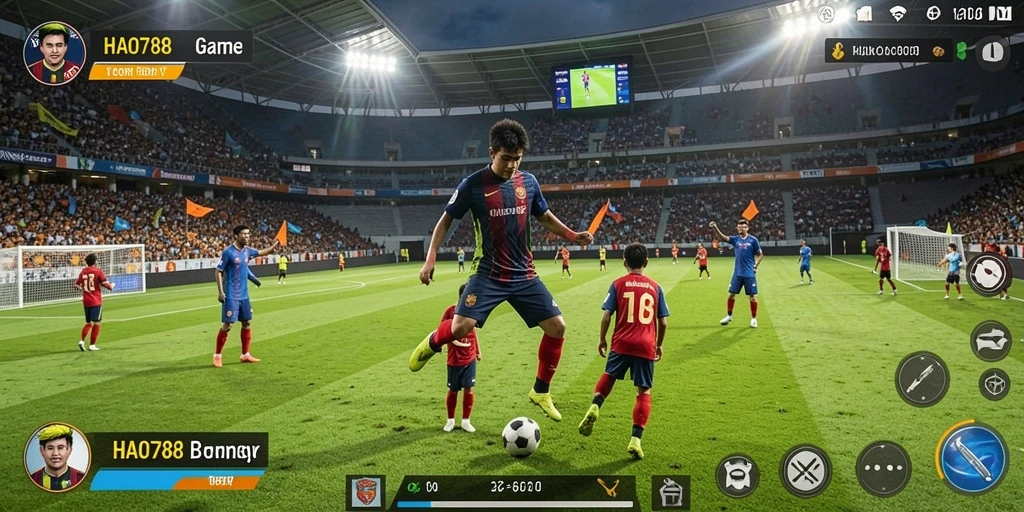 Gameplay HAO788 menampilkan aksi seru di lapangan sepak bola.