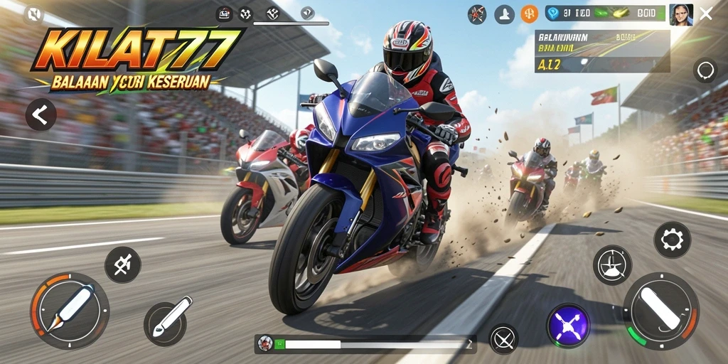Screenshot gameplay KILAT77 yang menunjukkan aksi balapan motor yang mendebarkan.